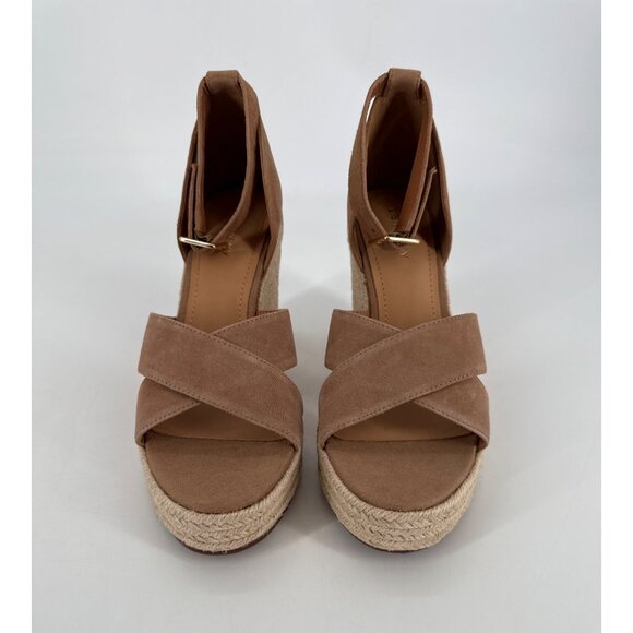 Lisa Vicky Wedge Sandals Cognac Suede 9.5 Cross-Strap Espadrille Heel - Picture 2 of 10